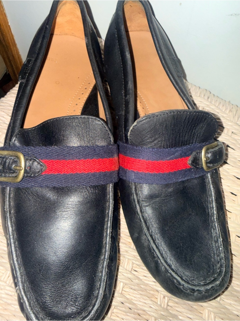 Polo by Ralph Lauren Black Leather Loafers with Navy & Red Webbing